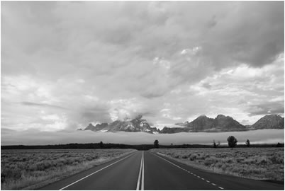 Road, Clouds and the Teton Range, Grand Teton NP, Wyoming, USA, 2013